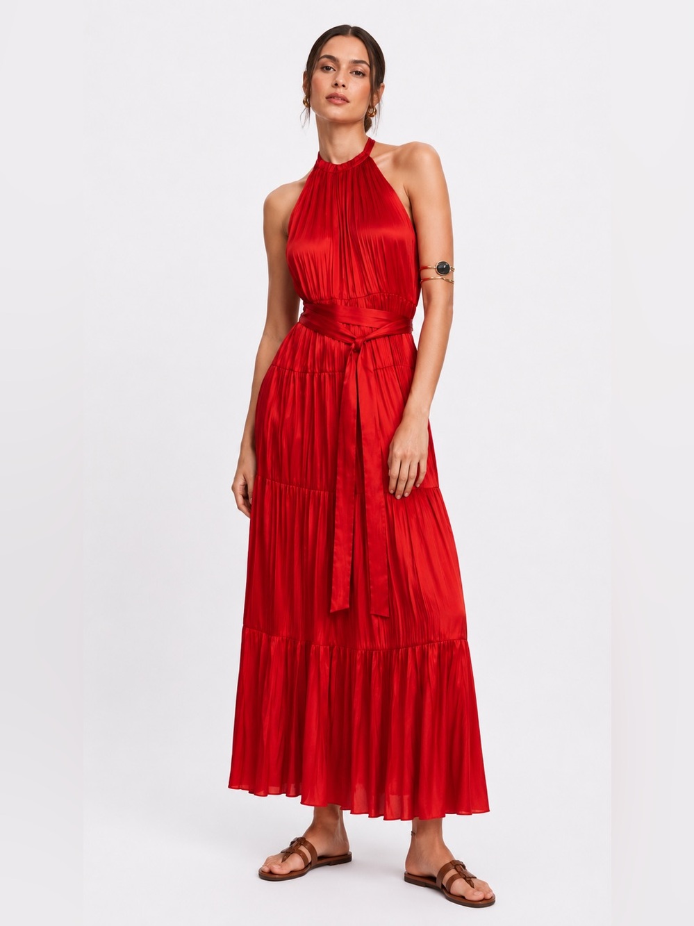 ZARA Red Halter Maxi Dress with Waist Tie